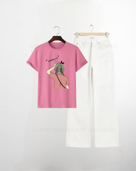 PINK TSHIRT MEETING YOU-WHITE JEANS