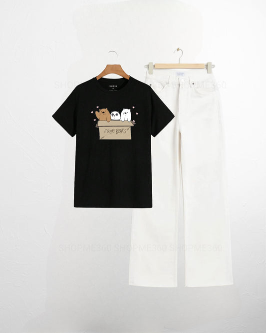 BLACK TSHIRT FREE BEAR-WHITE JEANS