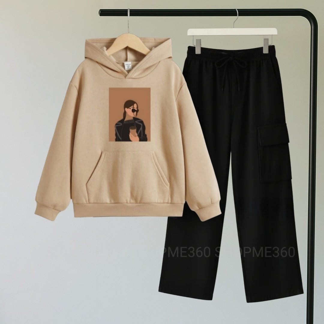 BEIGE HOODIE COFFEE GIRL-BLACK CARGO FLAPPER