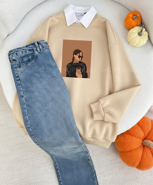 BEIGE COLLAR SWEATSHIRT COFFE GIRL -SKY BLUE WIDE LEG JEANS