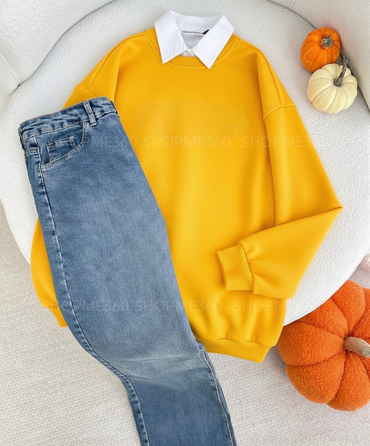 YELLOW COLLAR SWEATSHIRT -SKY BLUE WIDE LEG JEANS