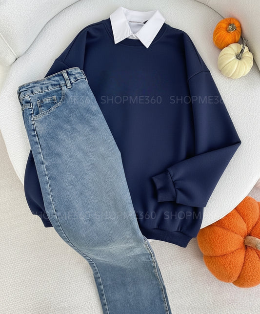 NAVY BLUE COLLAR SWEATSHIRT -SKY BLUE WIDE LEG JEANS