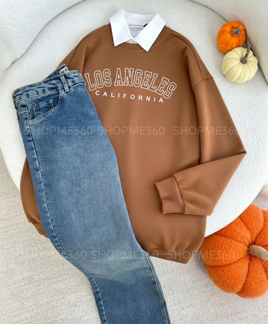 BROWN COLLAR SWEATSHIRT LOSS ANGELES -SKY BLUE WIDE LEG JEANS