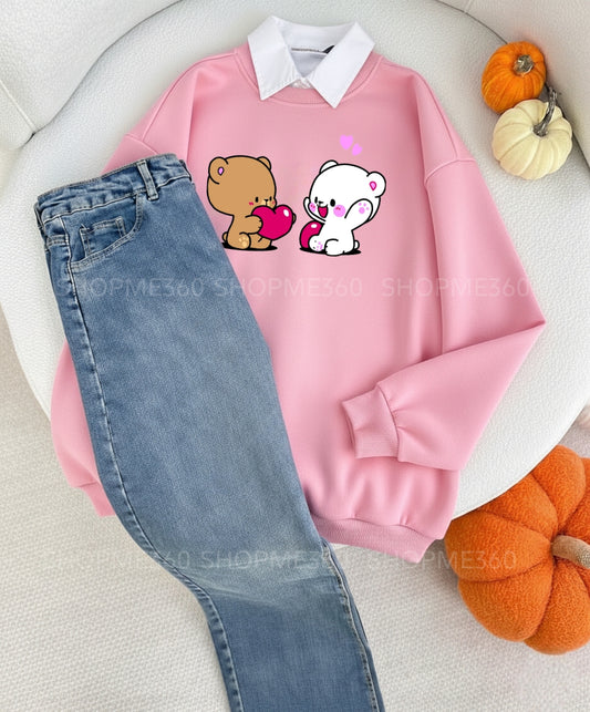 PINK COLLAR SWEATSHIRT PAIR -SKY BLUE WIDE LEG JEANS