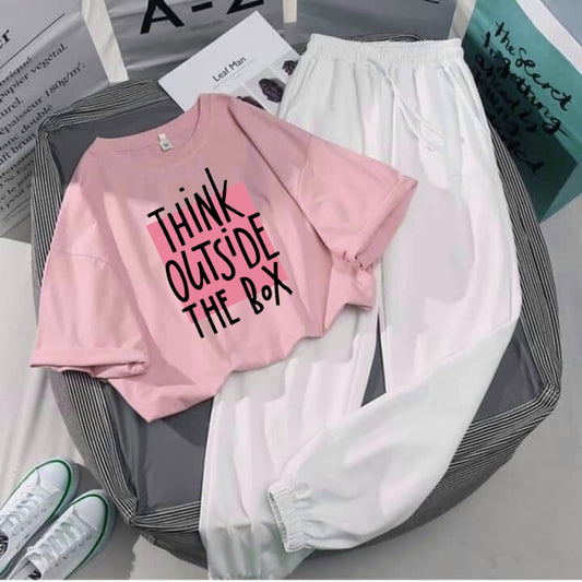 WHITE TROUSER-PINK CROP TEE THINK OUTSIDE THE BOX