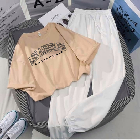 WHITE TROUSER-BEIGE CROP TEE LOS ANGELES