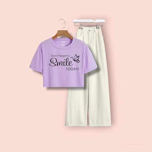 WHITE DENIM JEANS-LILAC CROP TEE DON'T FORGET TO SMILE