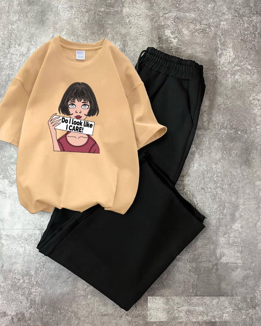 BLACK FLAPPER-BEIGE TEE DO I LOOK LIKE I CARE