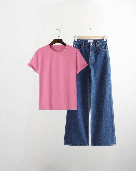 PINK TSHIRT-MID BLUE JEANS