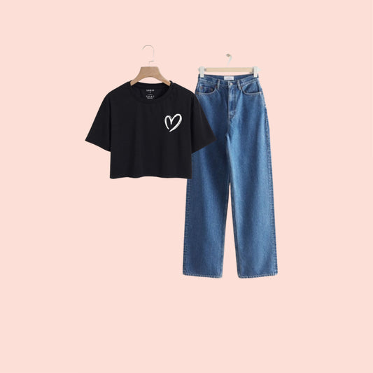 BLACK CROP TEE POC SHADED HEART-MID BLUE WIDE LEG JEANS