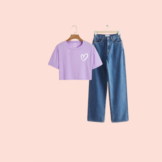 LILAC CROP TEE POC SHADED HEART-SKY BLUE WIDE LEG JEANS