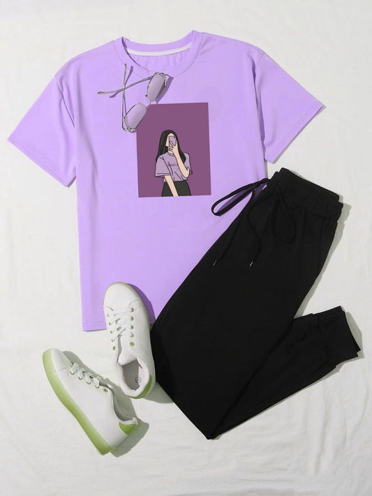 BLACK TROUSER - LILAC TEE SELFIE GIRL