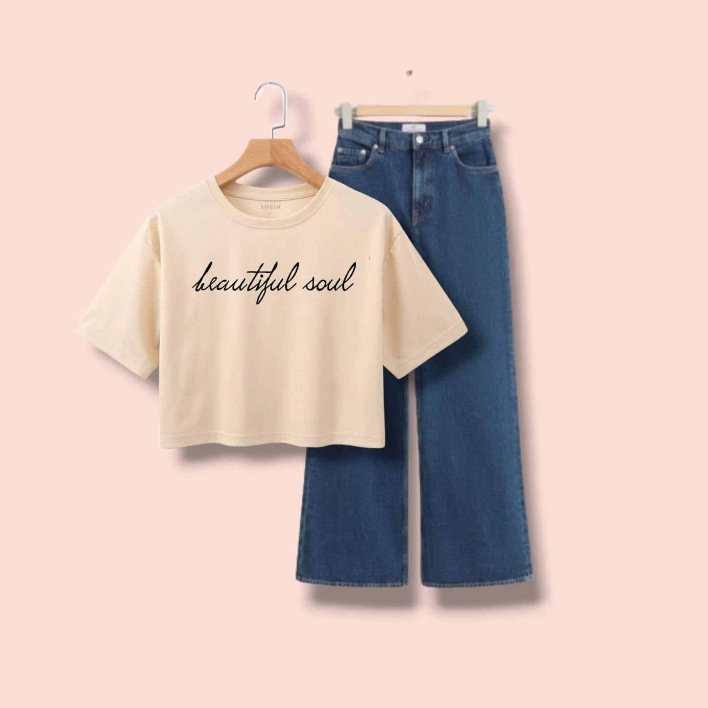 BEIGE CROP TEE BEAUTIFUL SOUL-DARK BLUE WIDE LEG JEANS