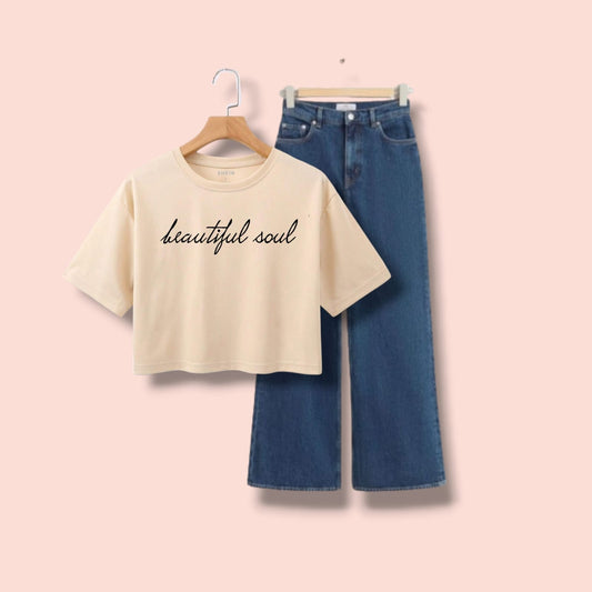 BEIGE CROP TEE BEAUTIFUL SOUL-DARK BLUE WIDE LEG JEANS