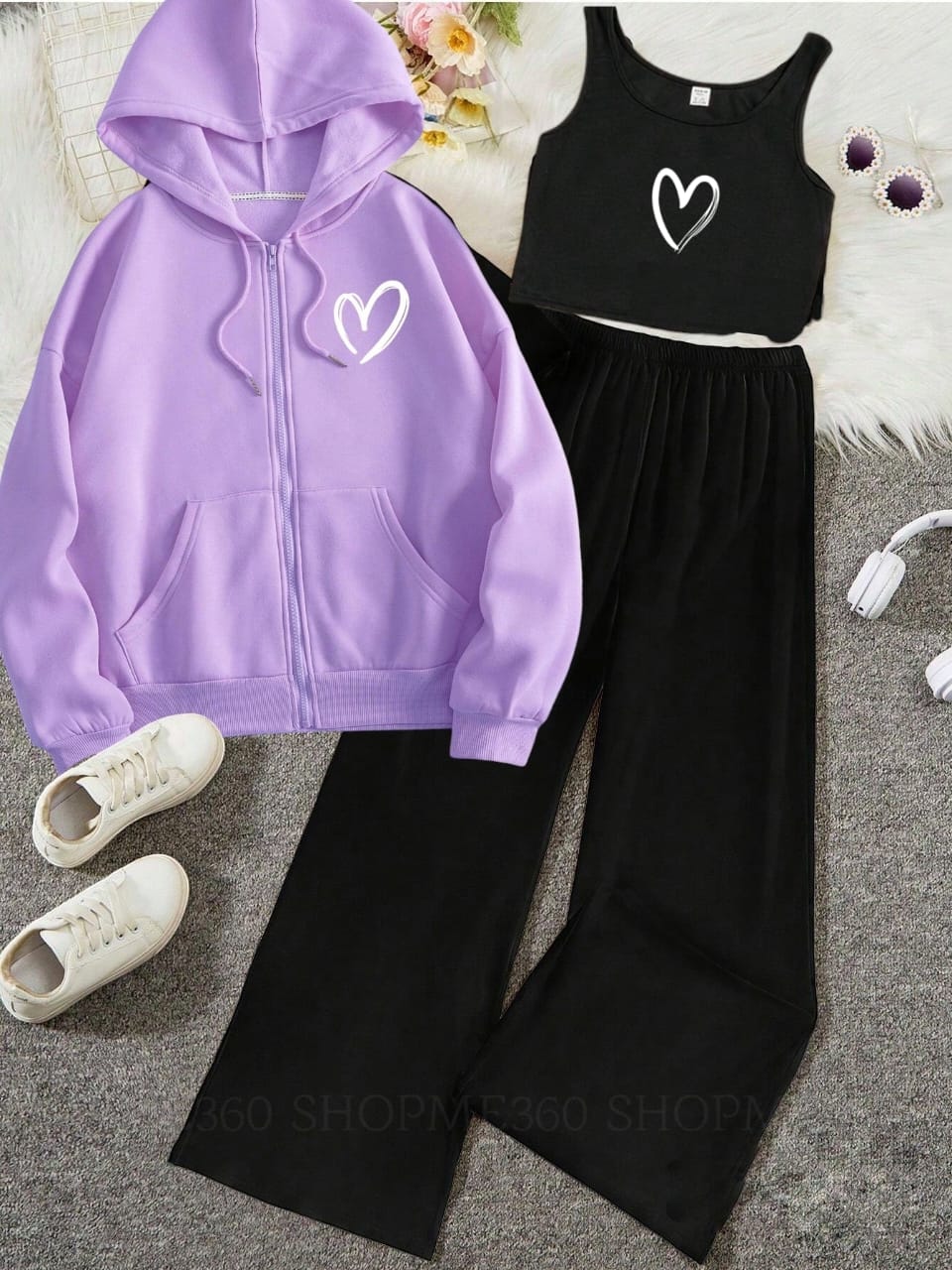 PACK OF THREE TRACKSUIT-LILAC ZIPPER POC SHADED HEART-BLACK FLAPPER BLACK INNER