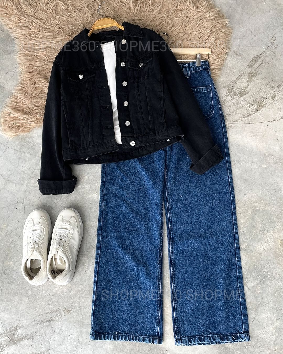 PACK OF THREE BLACK DENIM JACKET-WHITE INNER-MID BLUE JEANS