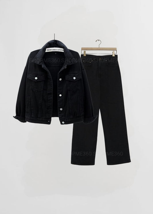 BLACK DENIM JACKET-BLACK WIDE LEG JEANS