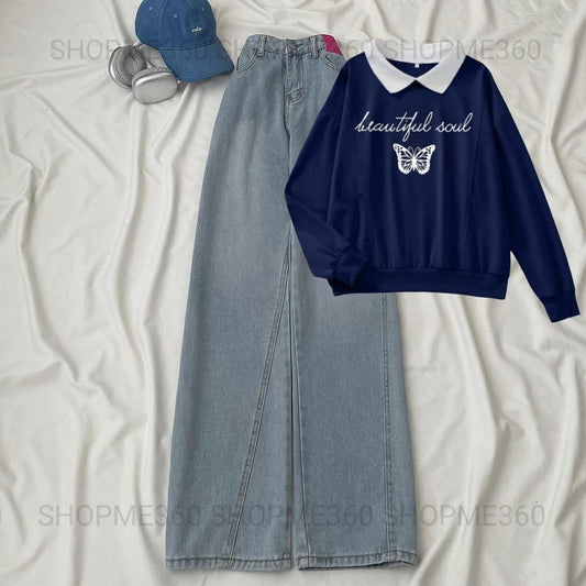 NAVY BLUE COLLAR SWEATSHIRT BEAUTIFUL SOUL -SKY BLUE WIDE LEG JEANS