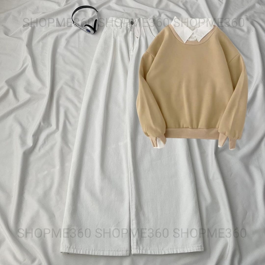 BEIGE COLLAR SWEATSHIRT-WHITE WIDE LEG JEANS