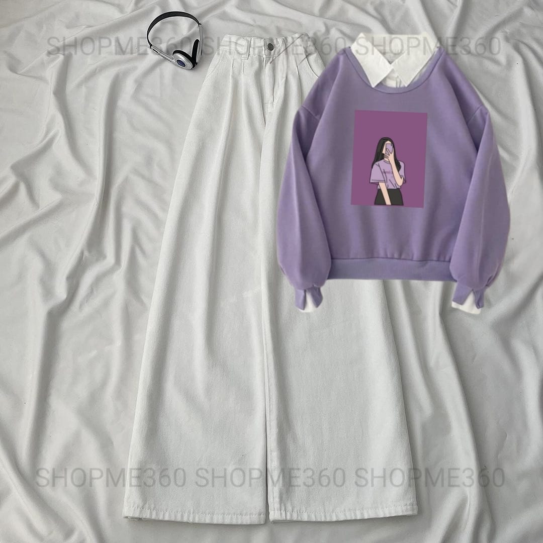 LILAC COLLAR SWEATSHIRT SELFI GIRL -WHITE WIDE LEG JEANS