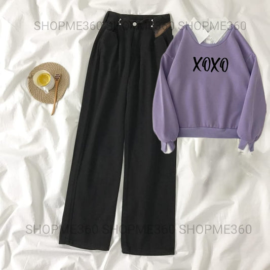 LILAC COLLAR SWEATSHIRT XOXO -BLACK WIDE LEG JEANS