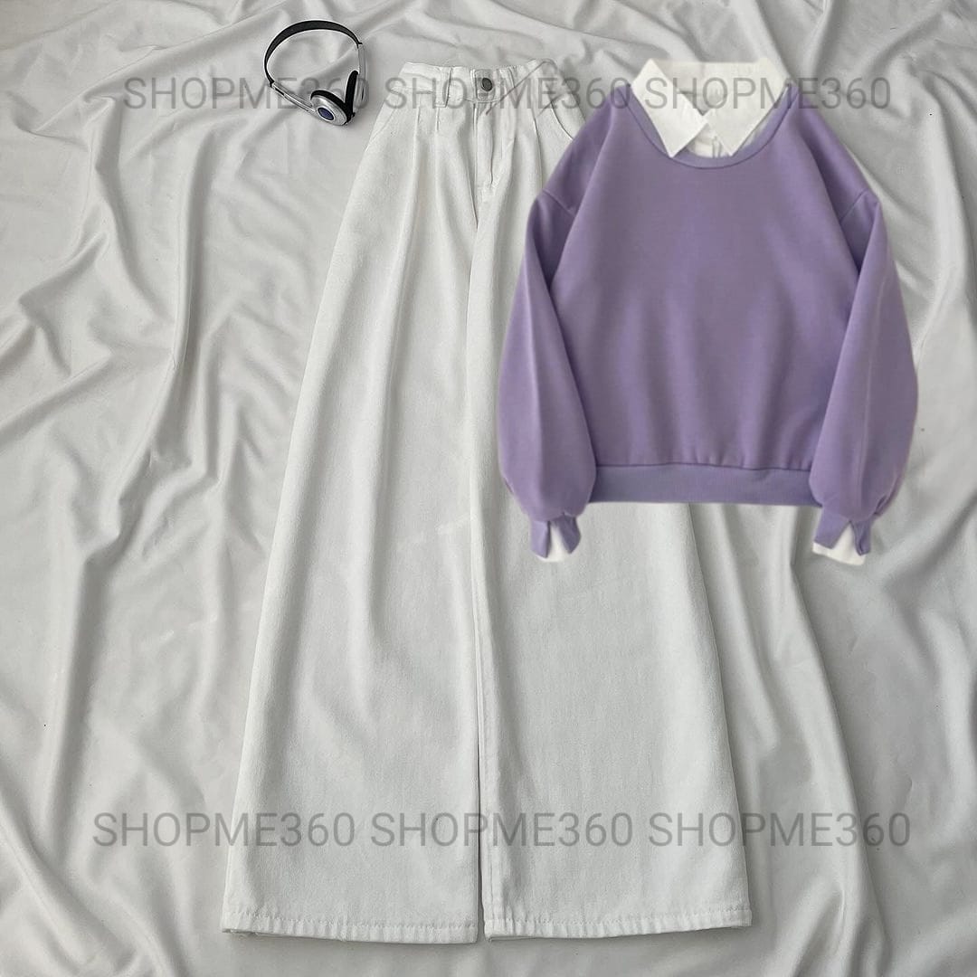 LILAC COLLAR SWEATSHIRT-WHITE WIDE LEG JEANS