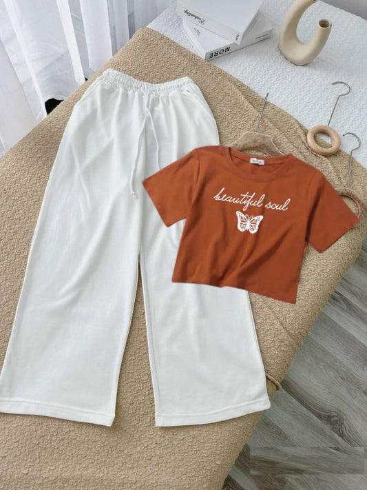 WHITE FLAPPER-COFFEE BROWN CROP TEE BEAUTIFUL SOUL BUTTERFLY