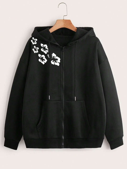 BLACK ZIPPER HOODIE FLORAL