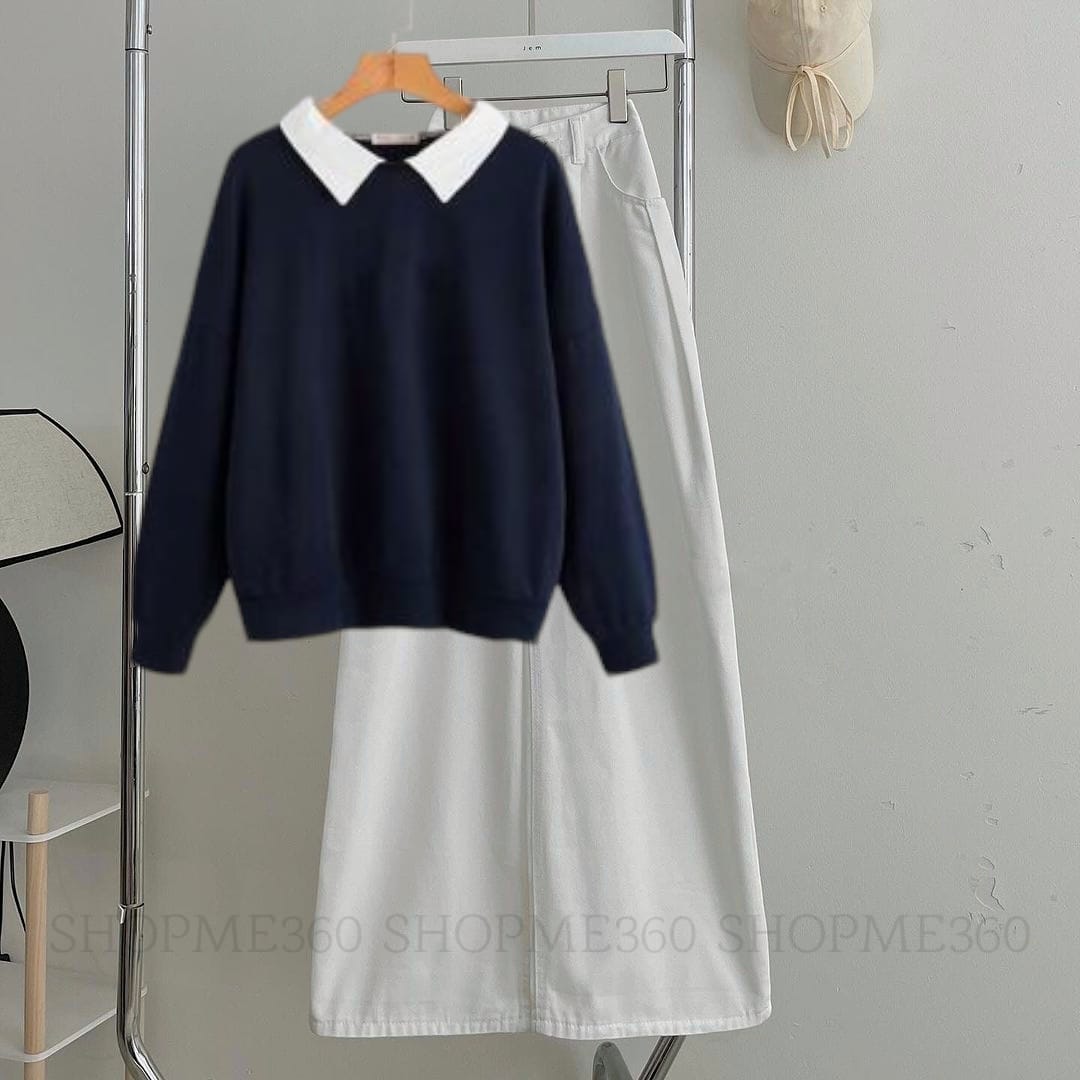 NAVY BLUE COLLAR SWEATSHIRT-WHITE WIDE LEG JEANS