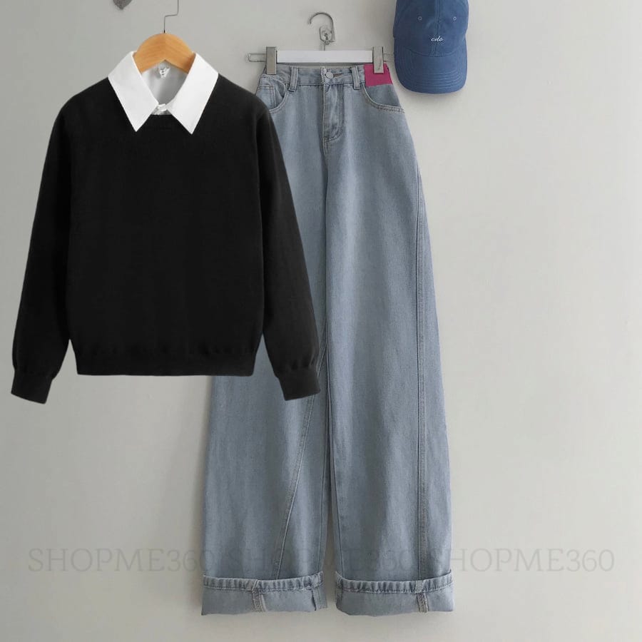 BLACK COLLAR SWEATSHIRT-ICE BLUE WIDE LEG JEANS