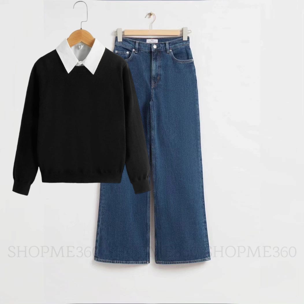 BLACK COLLAR SWEATSHIRT-DARK BLUE WIDE LEG JEANS