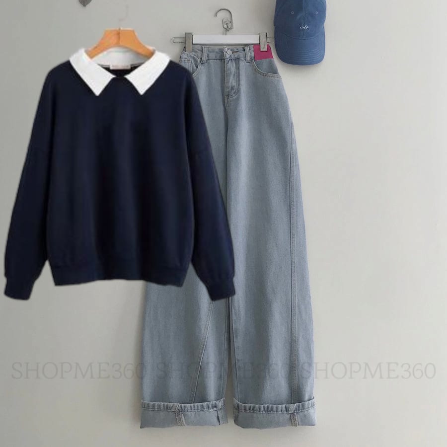 NAVY BLUE COLLAR SWEATSHIRT-ICE BLUE WIDE LEG JEANS