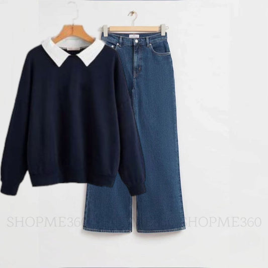 NAVY BLUE COLLAR SWEATSHIRT-DARK BLUE WIDE LEG JEANS