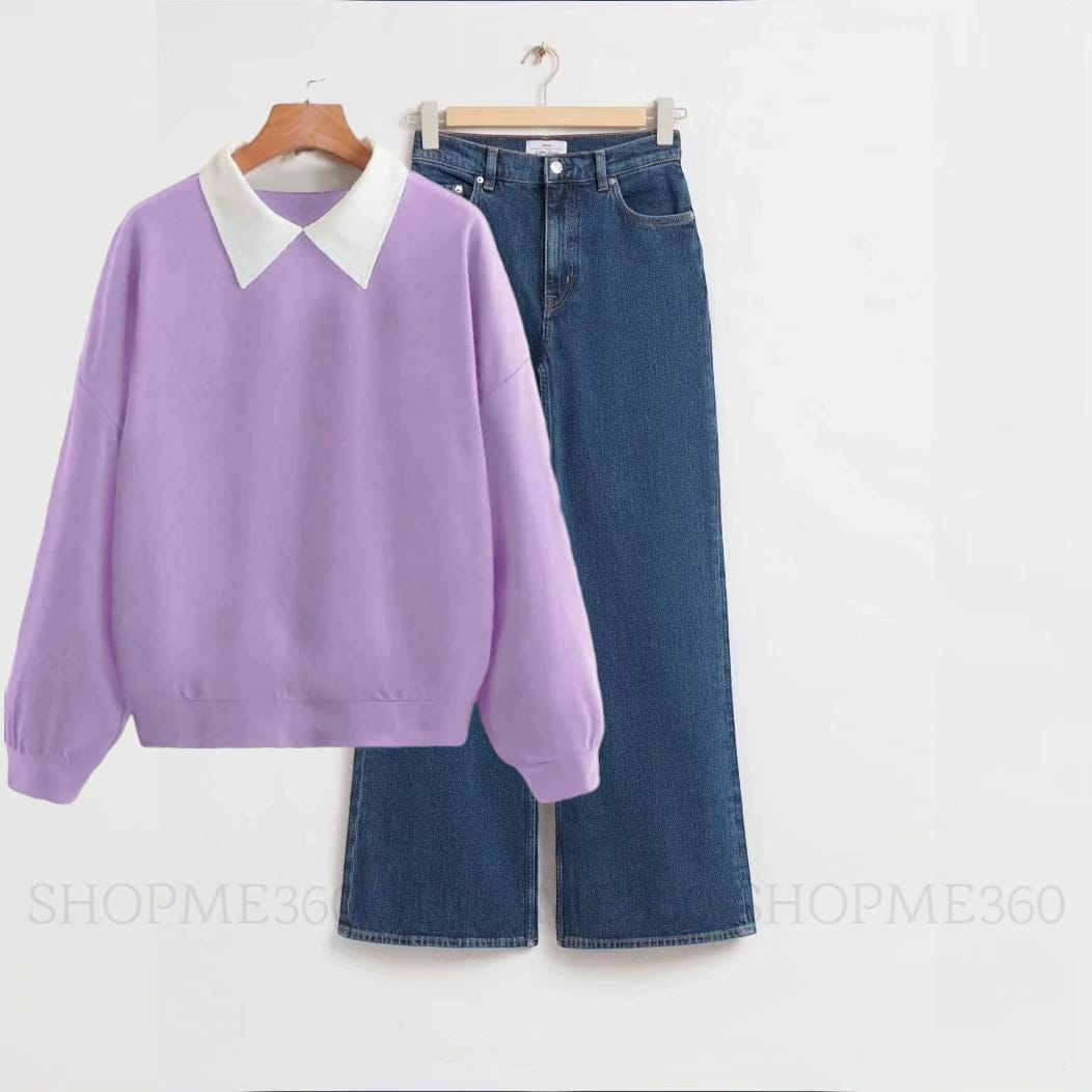 LILAC COLLAR SWEATSHIRT-DARK BLUE WIDE LEG JEANS