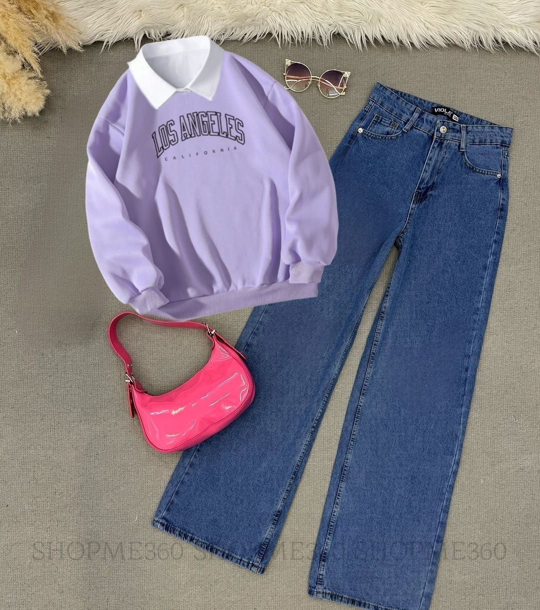 LILAC COLLAR SWEATSHIRT LOSS AGNGELES-DARK BLUE WIDE LEG JEANS