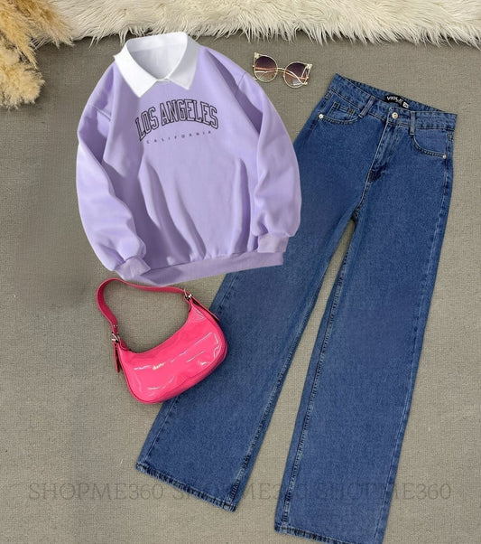 LILAC COLLAR SWEATSHIRT LOSS AGNGELES-DARK BLUE WIDE LEG JEANS