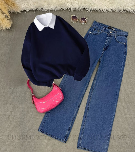 NAVY BLUE COLLAR SWEATSHIRT-DARK BLUE WIDE LEG JEANS