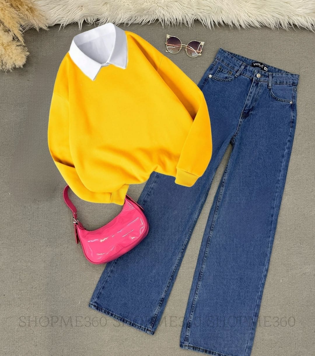 YELLOW COLLAR SWEATSHIRT-DARK BLUE WIDE LEG JEANS