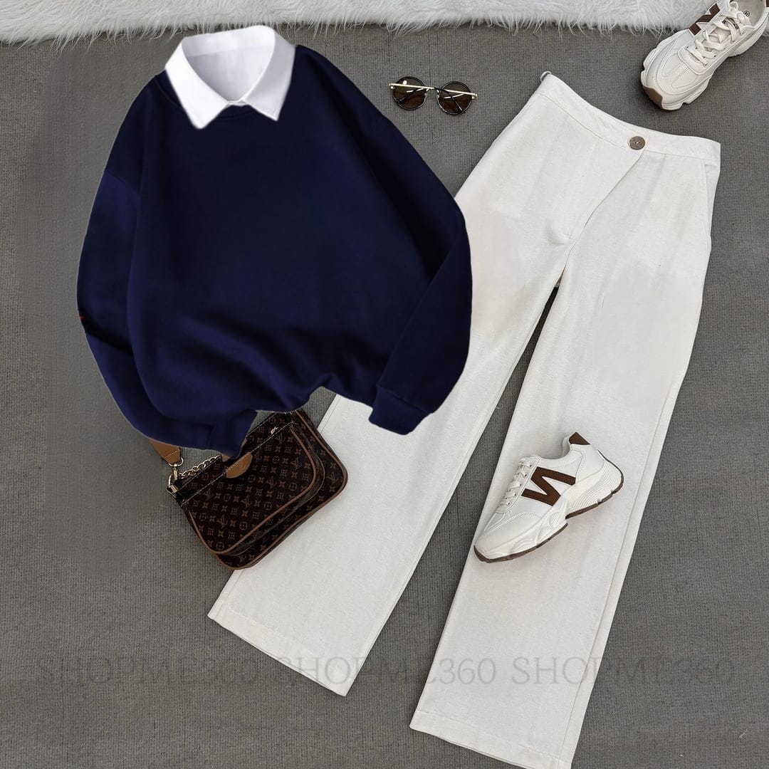 NAVY BLUE COLLAR SWEATSHIRT-WHITE WIDE LEG JEANS