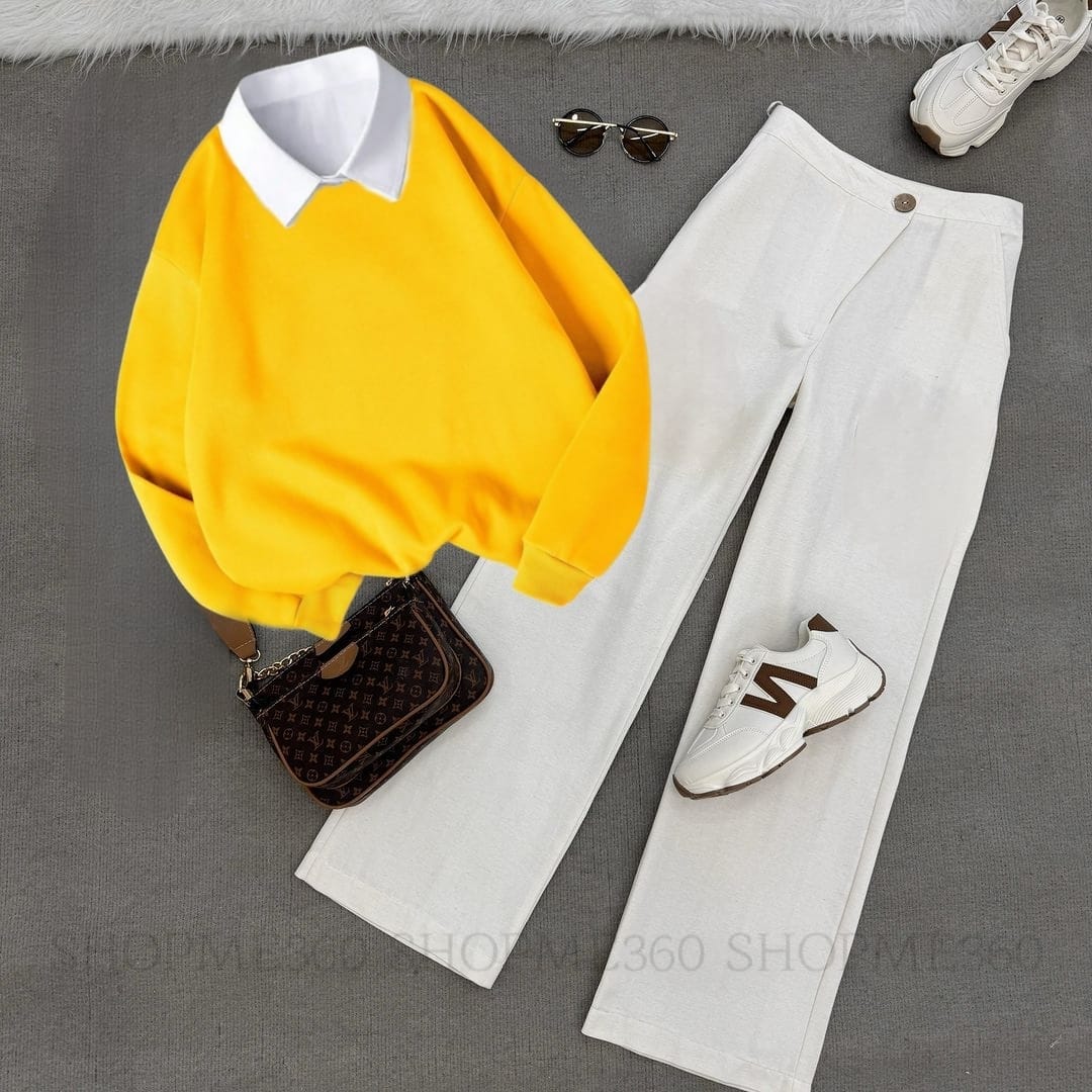 YELLOW COLLAR SWEATSHIRT-WHITE WIDE LEG JEANS