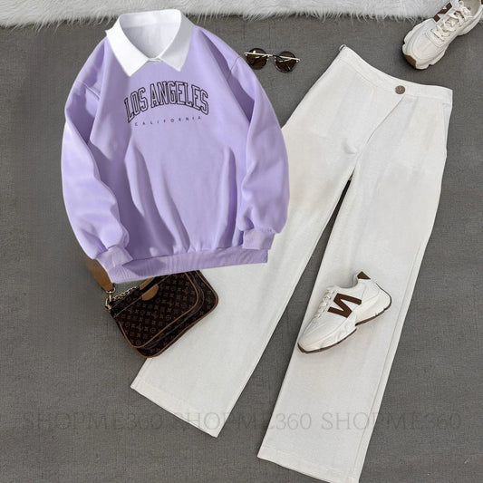 LILAC COLLAR SWEATSHIRT LOSS ANGELES-WHITE WIDE LEG JEANS