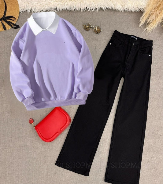 LILAC COLLAR SWEATSHIRT-BLACK WIDE LEG JEANS