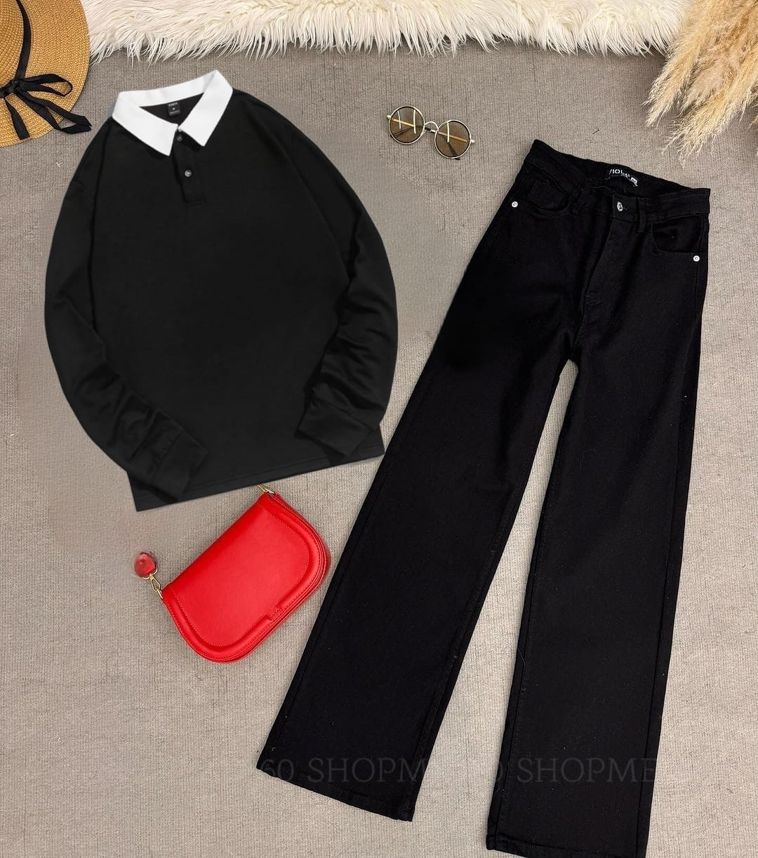 BLACK COLLAR SWEATSHIRT-BLACK WIDE LEG JEANS