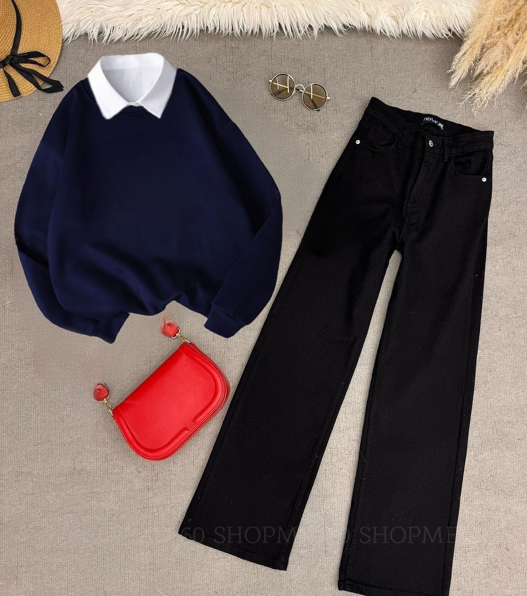 NAVY BLUE COLLAR SWEATSHIRT-BLACK WIDE LEG JEANS