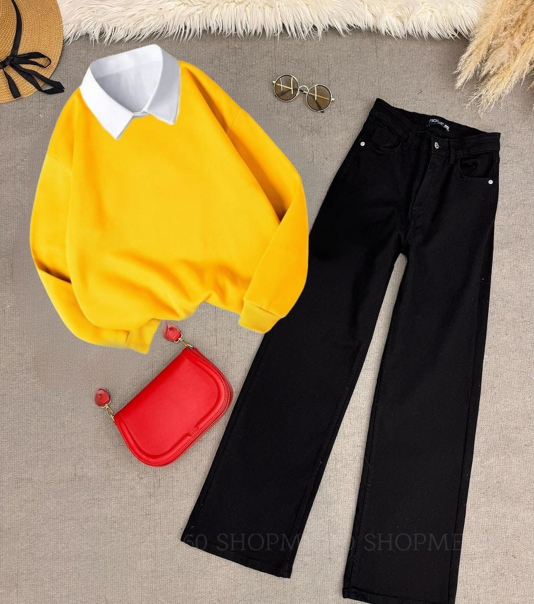 YELLOW COLLAR SWEATSHIRT-BLACK WIDE LEG JEANS