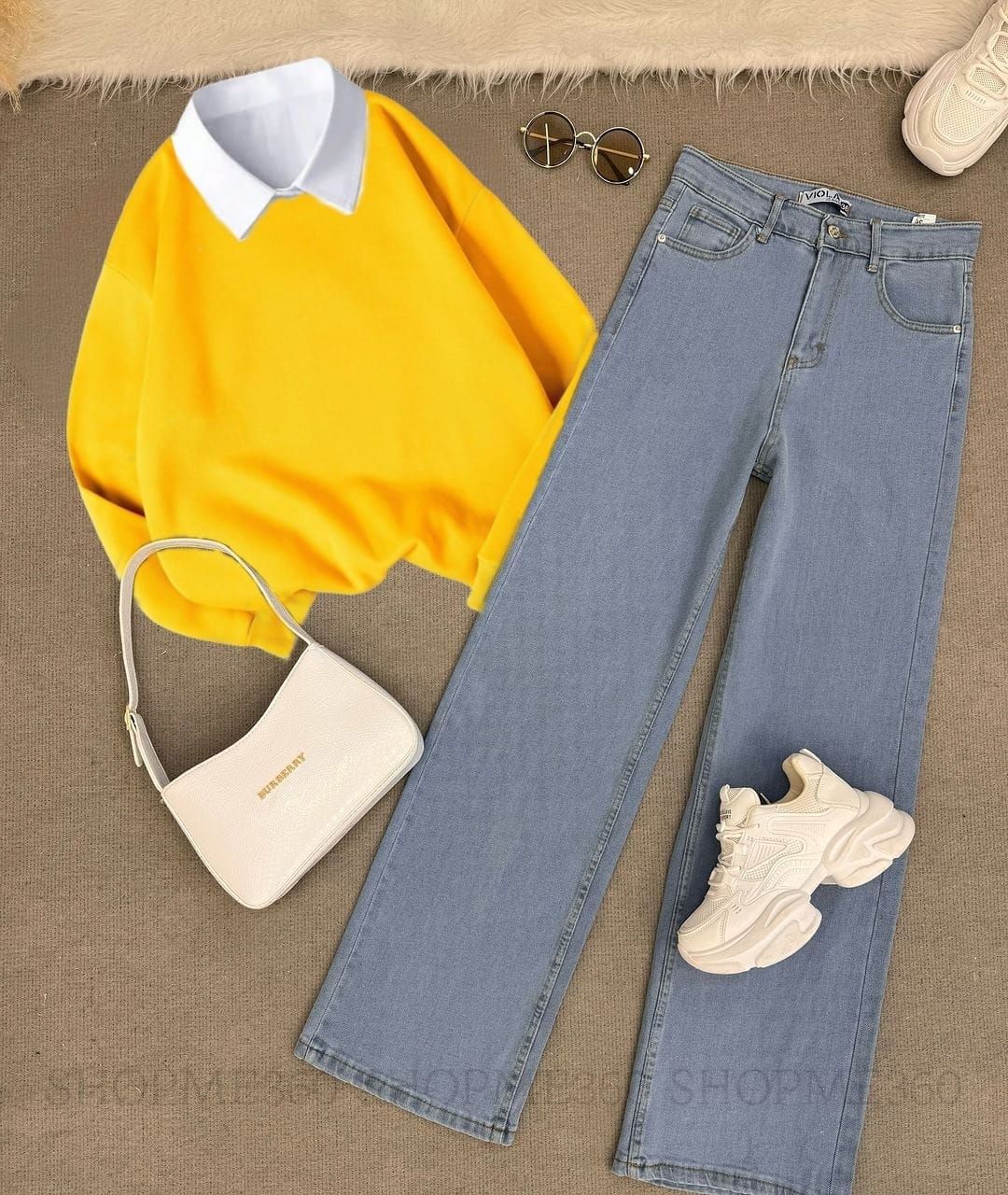 YELLOW COLLAR SWEATSHIRT LOSS ANGELES-ICE BLUE WIDE LEG JEANS