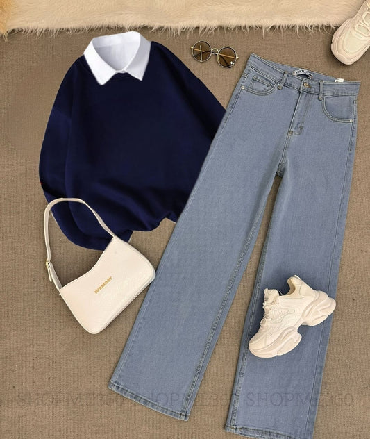 NAVY BLUE COLLAR SWEATSHIRT-ICE BLUE WIDE LEG JEANS