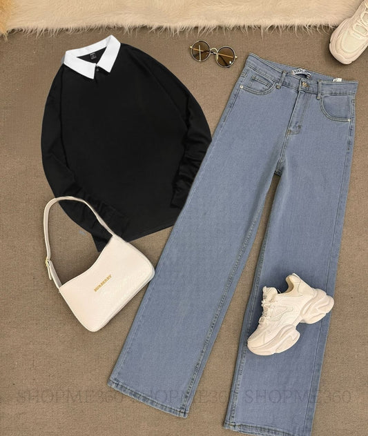 BLACK COLLAR SWEATSHIRT-ICE BLUE WIDE LEG JEANS