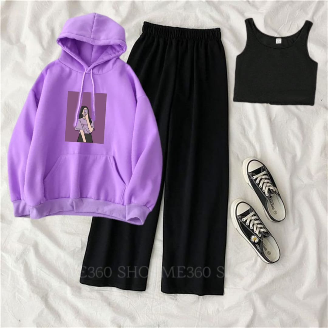 PACK OF THREE TRACKSUIT-LILAC HOODIE SELFI GIRL-BLACK FLAPPER-BLACK INNER