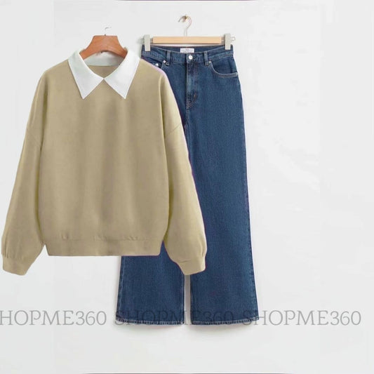 BEIGE COLLAR SWEATSHIRT-MID BLUE WIDE LEG JEANS